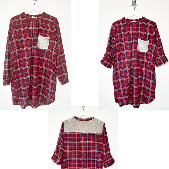 Entro Plaid Red Flannel Pocketed Roll Tab Sleeve Tunic with Sequin Trim L - Picture 1 of 12